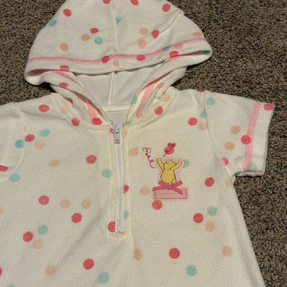 Disney Classic Pooh Hooded Terry Romper Cover Up 3-6 Months Polka Dot - Picture 3 of 5